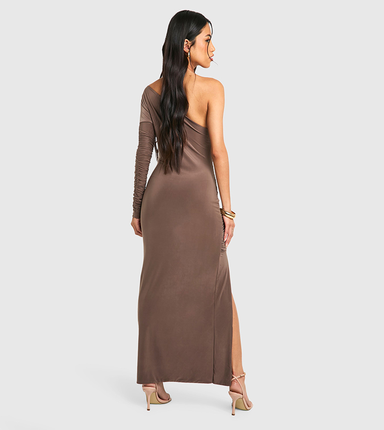 One Shoulder Slinky Ruched Maxi Dress