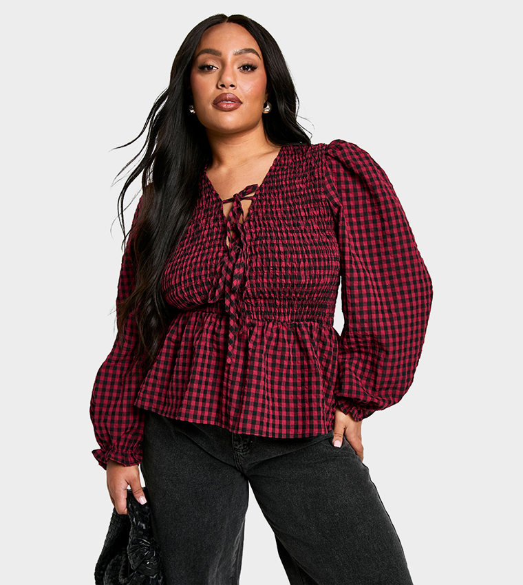 Curve Check Tie Front Smock Top