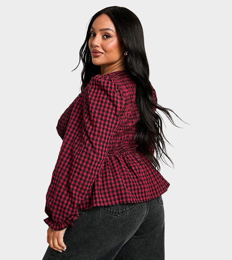Curve Check Tie Front Smock Top