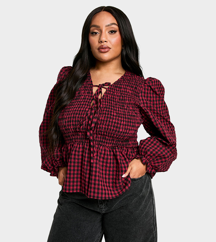Curve Check Tie Front Smock Top