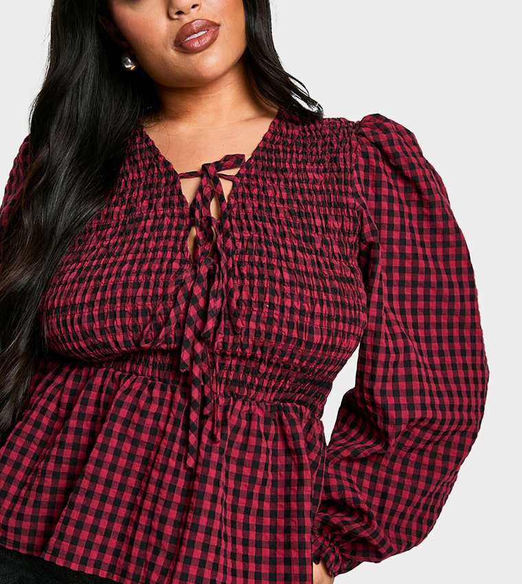 Curve Check Tie Front Smock Top
