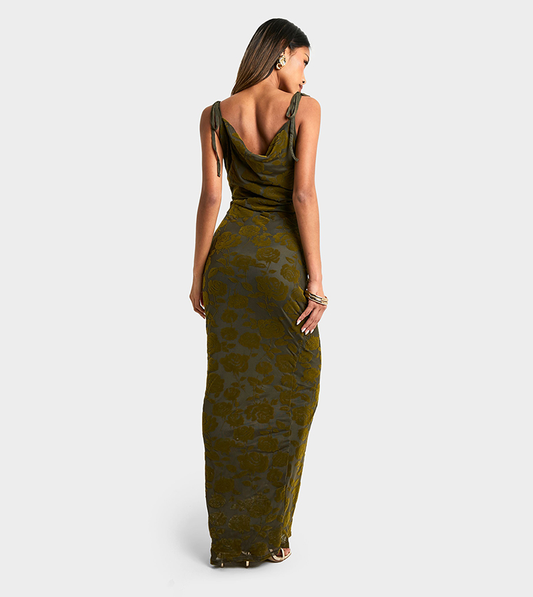 Tie Detail Devore Cowl Maxi Dress