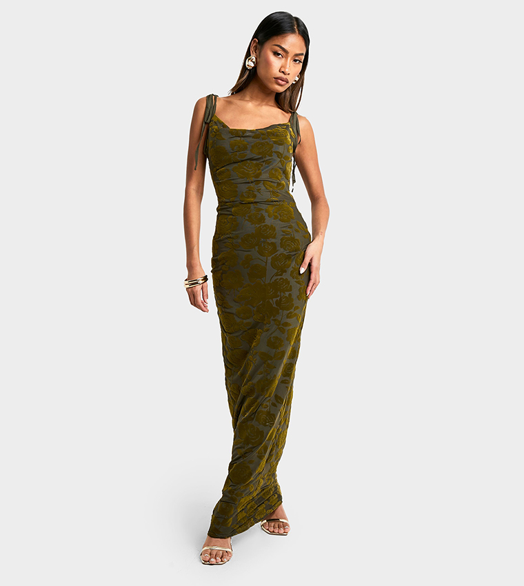 Tie Detail Devore Cowl Maxi Dress