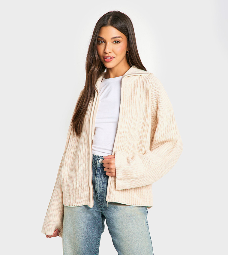 Buy Boohoo Ribbed Zip Through Chunky Cardigan In Beige 6thStreet UAE