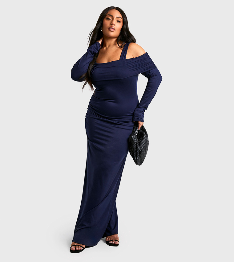Curve Exposed Shoulder Bardot Long Sleeves Column Dress