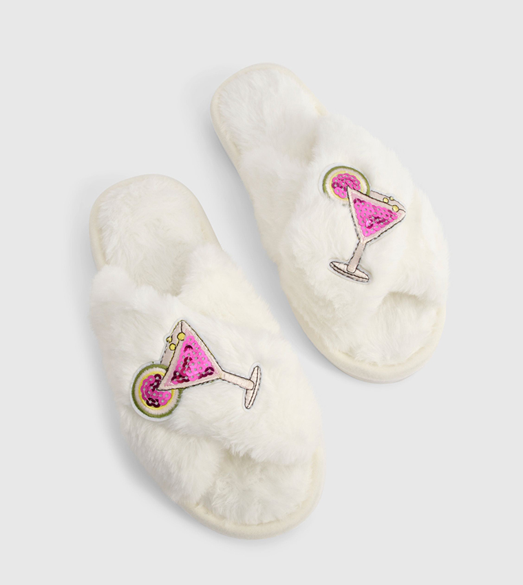 Buy Boohoo Cocktail Applique Fluffy Bedroom Slippers In White - Main Image