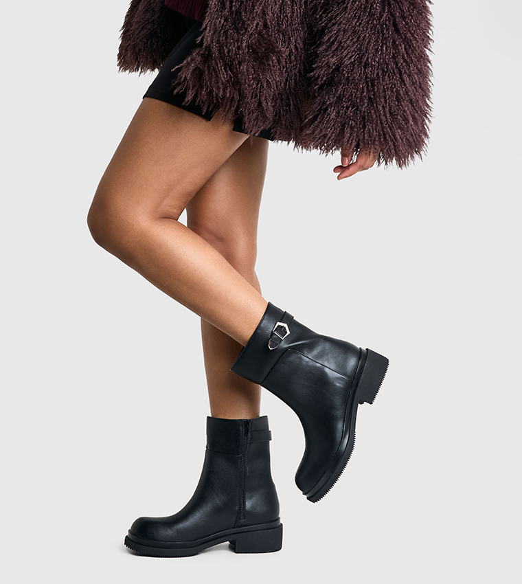 Wide Fit Buckle Detail Heeled Ankle Boots