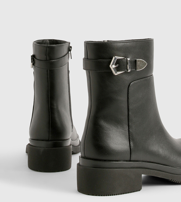 Wide Fit Buckle Detail Heeled Ankle Boots