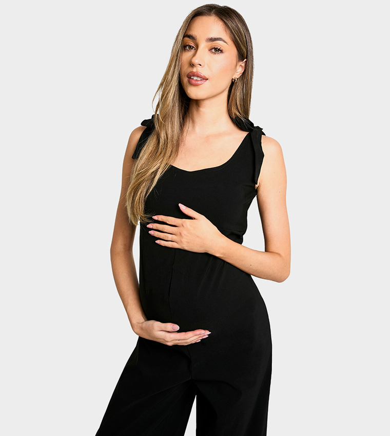 Stretch Tie Shoulder Detail Wide Leg Maternity Jumpsuit