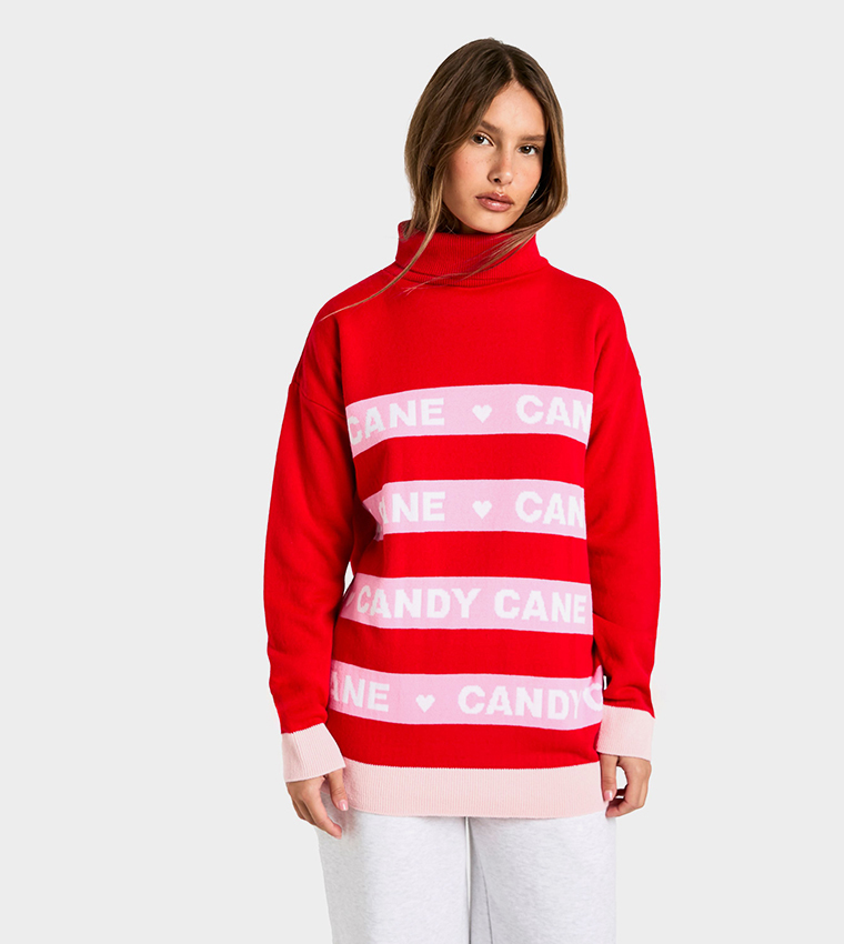 Buy Boohoo Candy Cane Christmas Turtleneck Sweater In Red