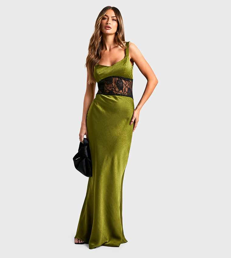 Buy Boohoo Outlet Satin Lace Column Maxi Dress In Green | 6thStreet UAE