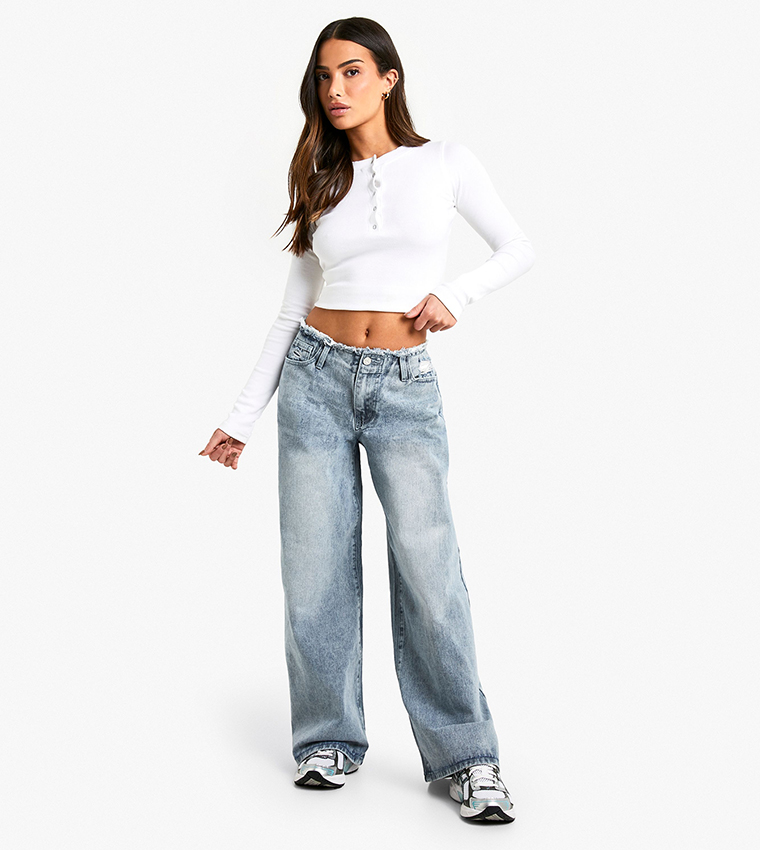 Petite Raw Waistband Wide Leg Jeans