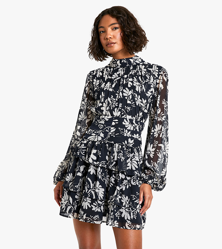 Buy Boohoo Tall Mono Floral Printed High Neck Skater Dress In