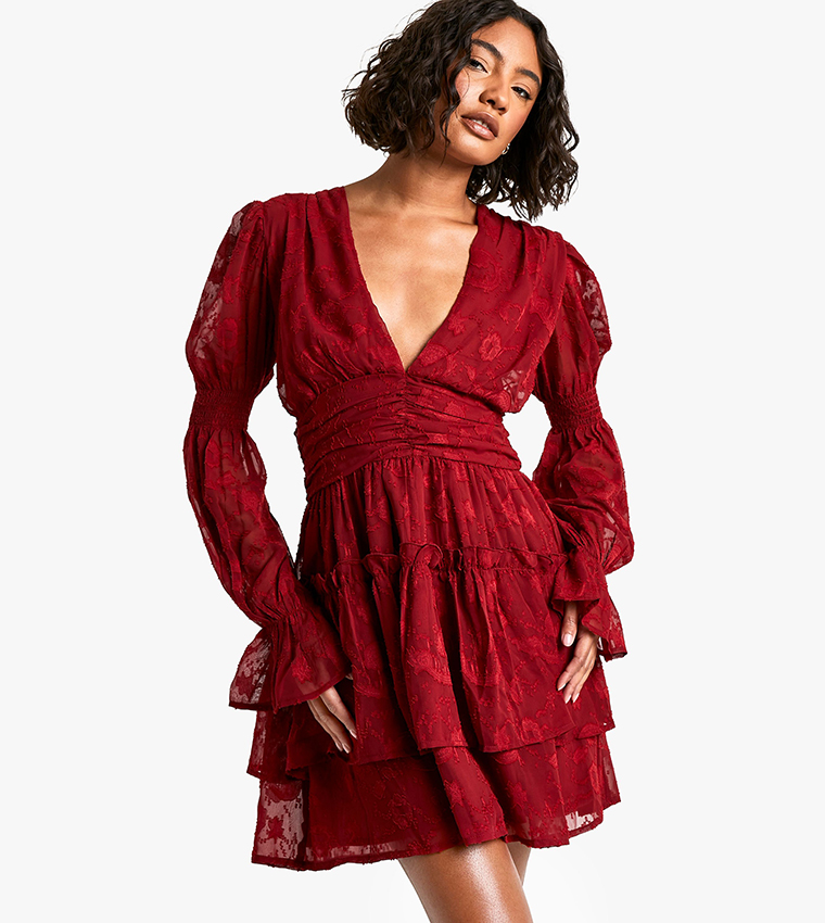 Tall Paisley Burnout Puff Sleeves Ruched Skater Dress