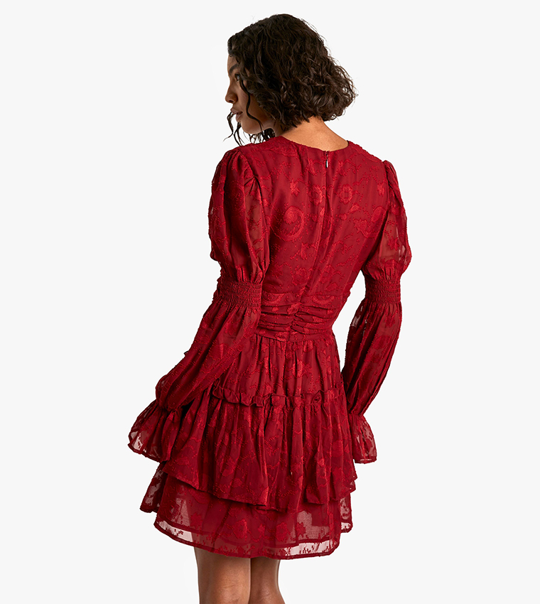 Tall Paisley Burnout Puff Sleeves Ruched Skater Dress