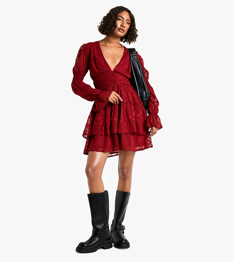 Tall Paisley Burnout Puff Sleeves Ruched Skater Dress
