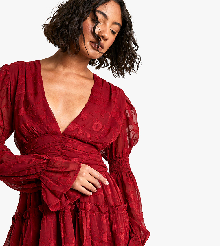 Tall Paisley Burnout Puff Sleeves Ruched Skater Dress