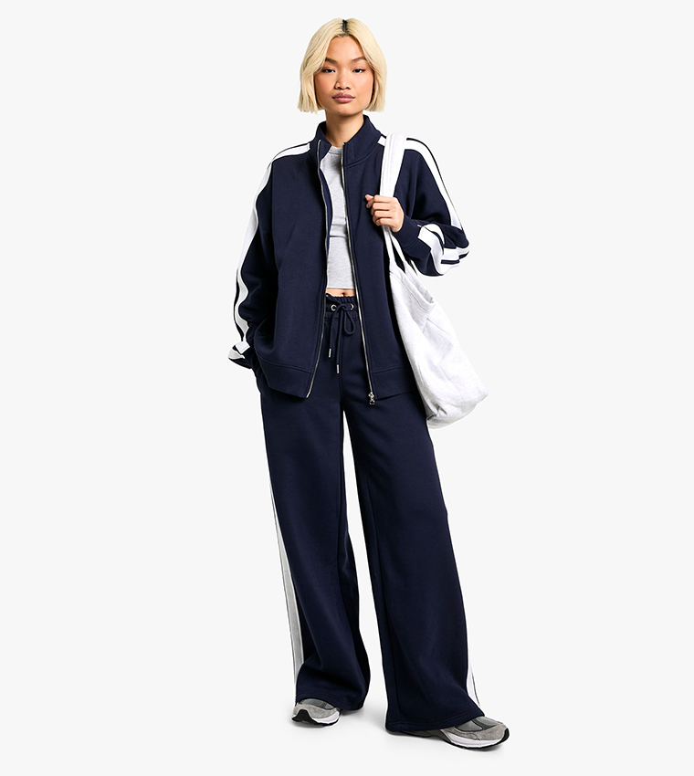 Funnel Neck Striped Zip-Through Sweatsuit Set