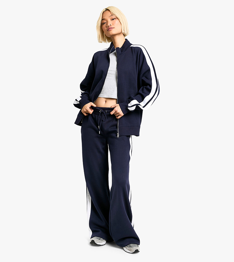 Funnel Neck Striped Zip-Through Sweatsuit Set