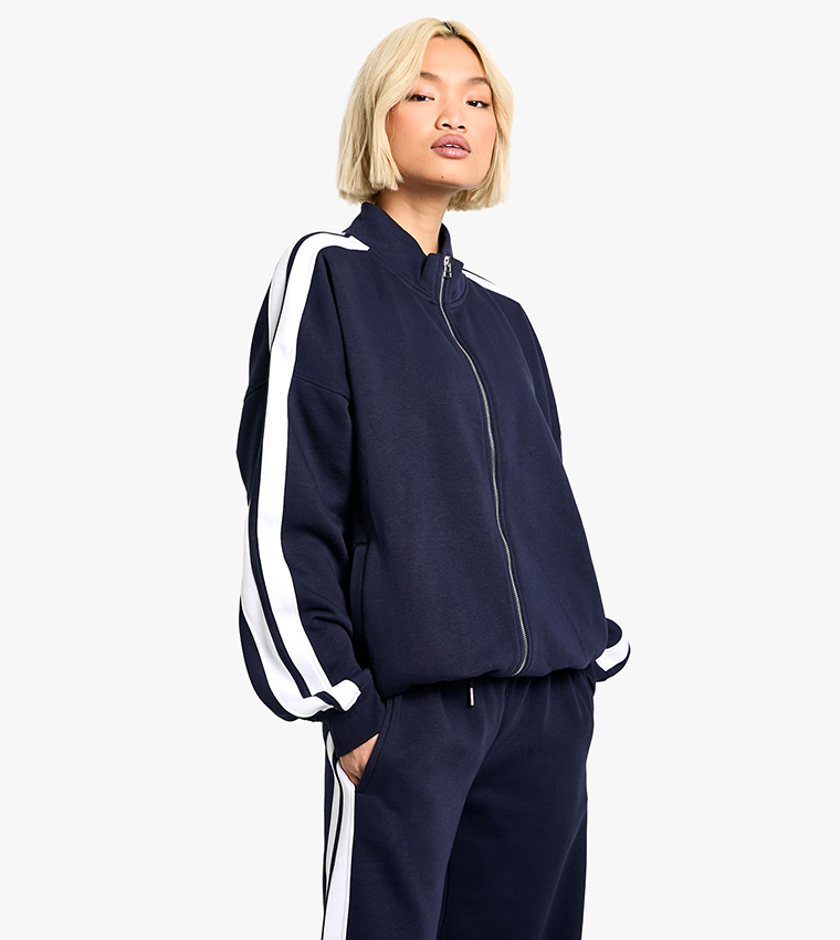 Funnel Neck Striped Zip-Through Sweatsuit Set