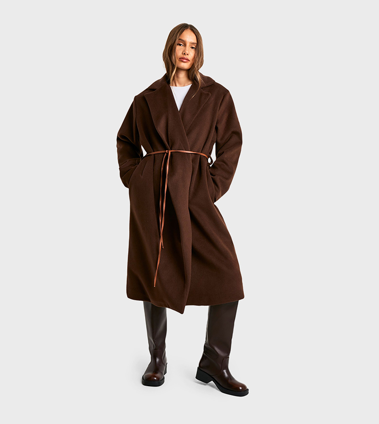 Faux Leather Belt Wool Look Coat