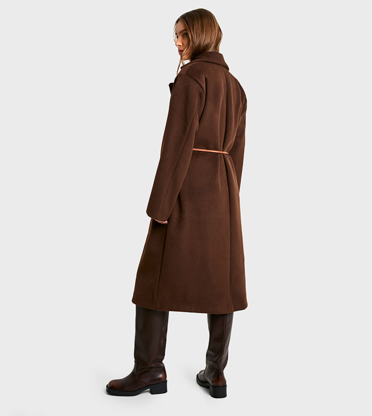 Faux Leather Belt Wool Look Coat