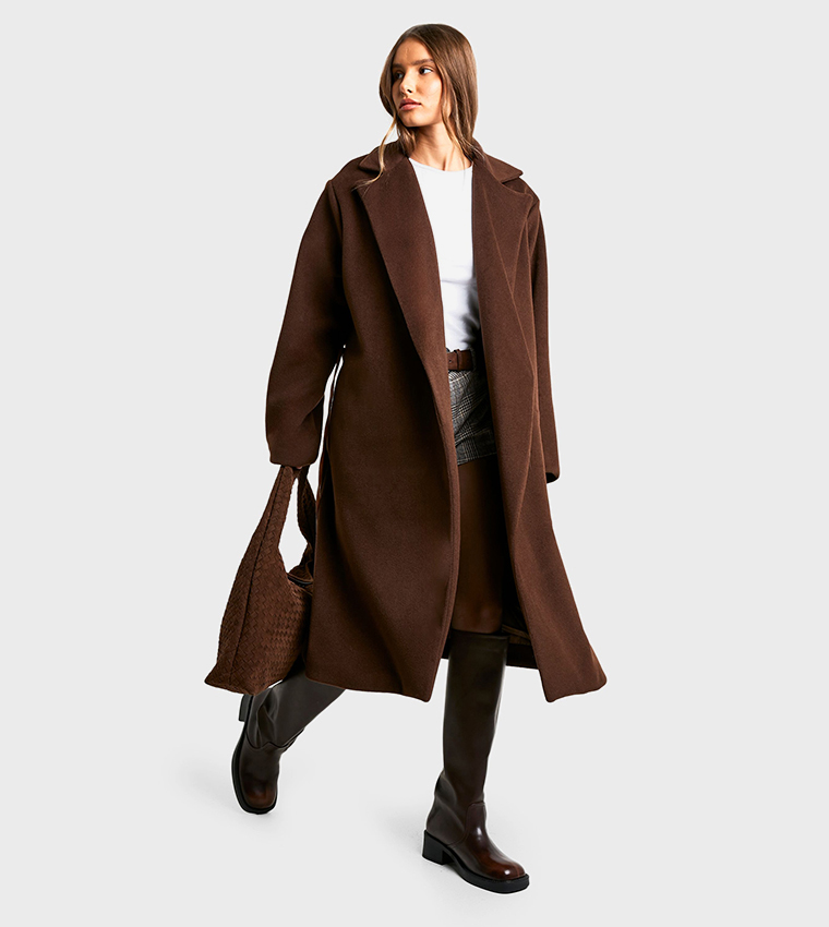 Faux Leather Belt Wool Look Coat