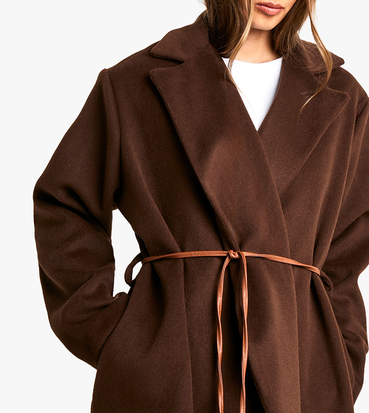 Faux Leather Belt Wool Look Coat