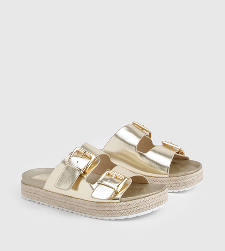 Metallic Buckle Strap Platform Sandals