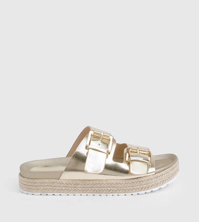 Metallic Buckle Strap Platform Sandals
