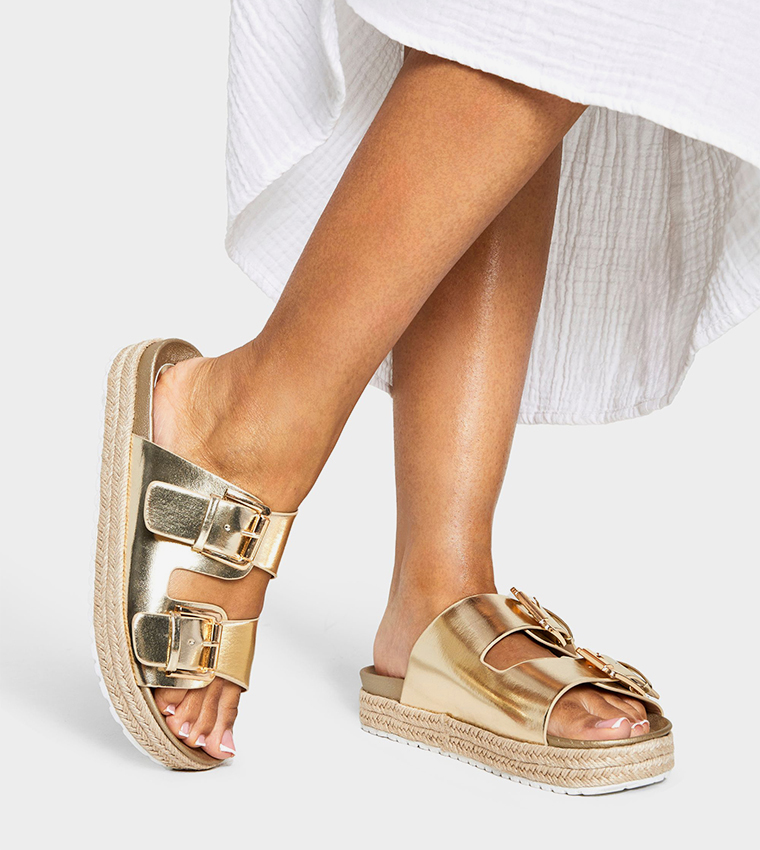 Metallic Buckle Strap Platform Sandals