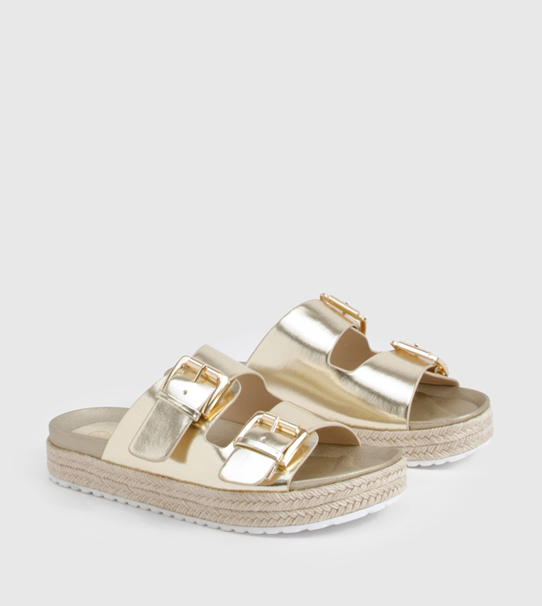 Metallic Buckle Strap Platform Sandals
