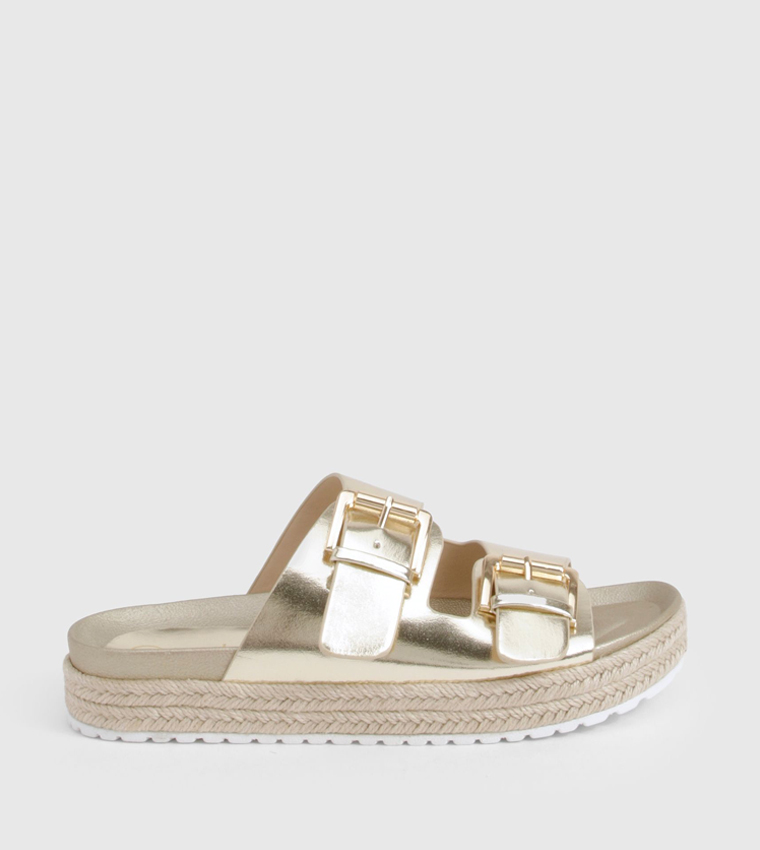 Metallic Buckle Strap Platform Sandals