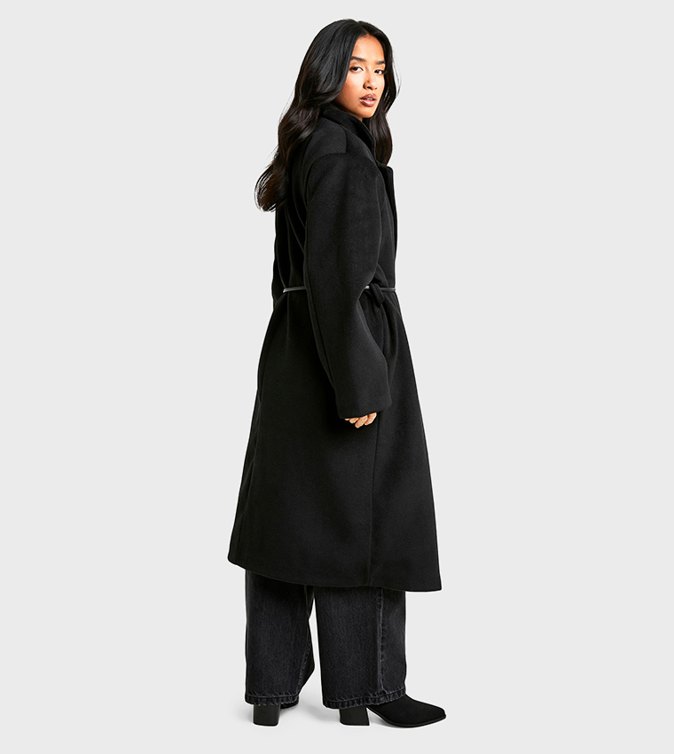 Petite Faux Leather Belt Wool Look Coat