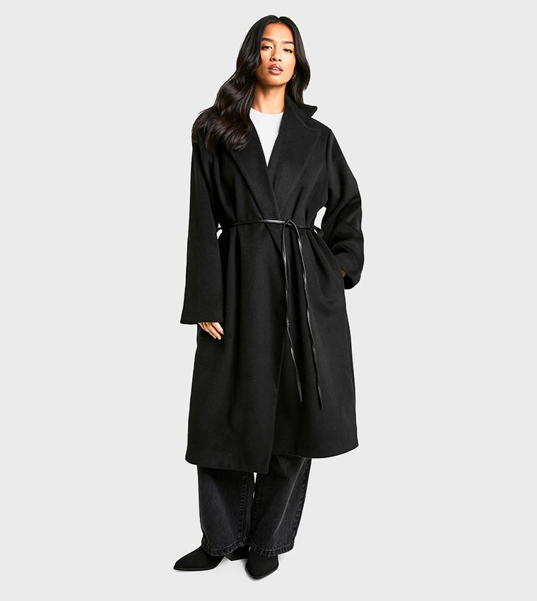 Petite Faux Leather Belt Wool Look Coat