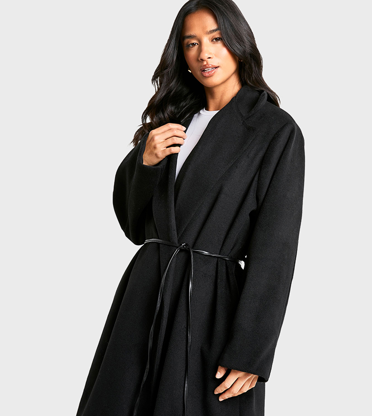 Petite Faux Leather Belt Wool Look Coat