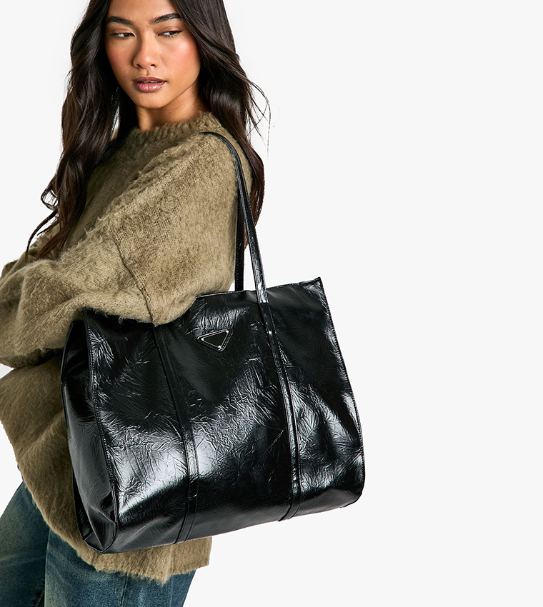 Triangle Trim Textured PU Tote Bag