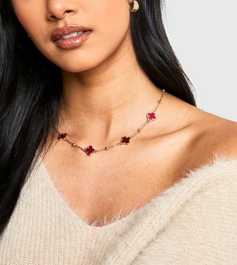 Enamel Detail Scattered Clover Necklace