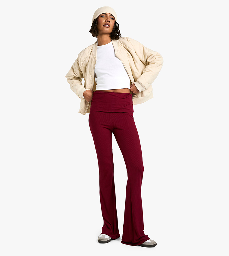 Tall Fold Over Waist Soft Rib Flared Trousers