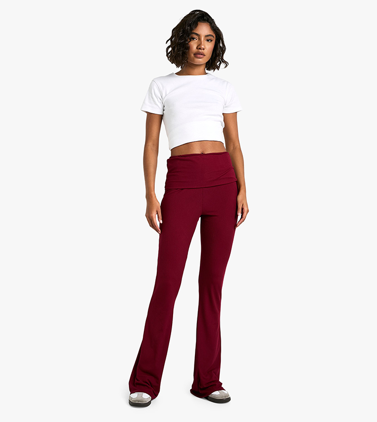 Tall Fold Over Waist Soft Rib Flared Trousers
