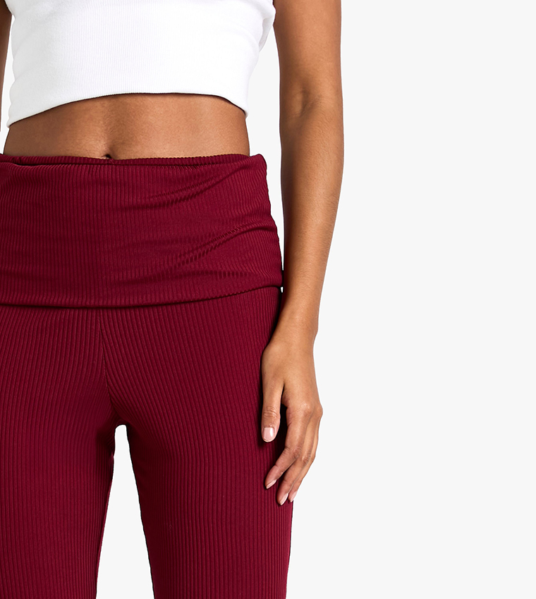 Tall Fold Over Waist Soft Rib Flared Trousers