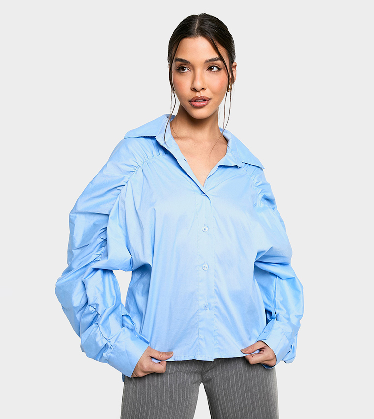 Ruched Sleeves Detail Cotton Poplin Shirt