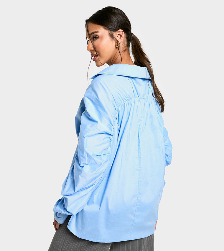 Ruched Sleeves Detail Cotton Poplin Shirt