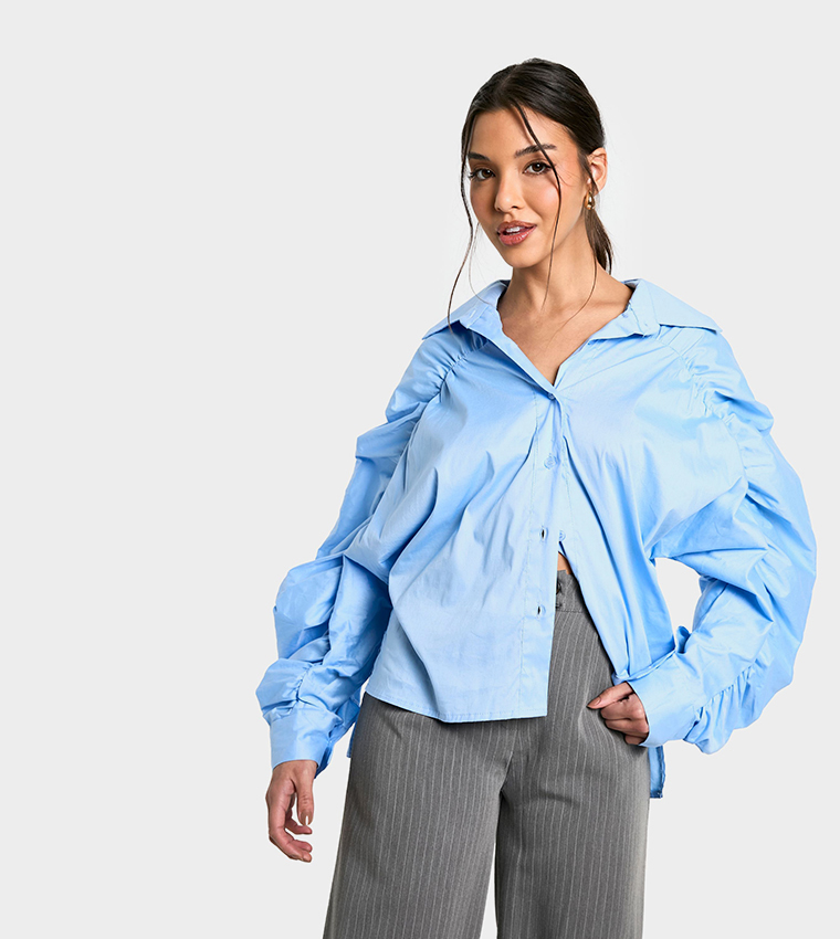 Ruched Sleeves Detail Cotton Poplin Shirt