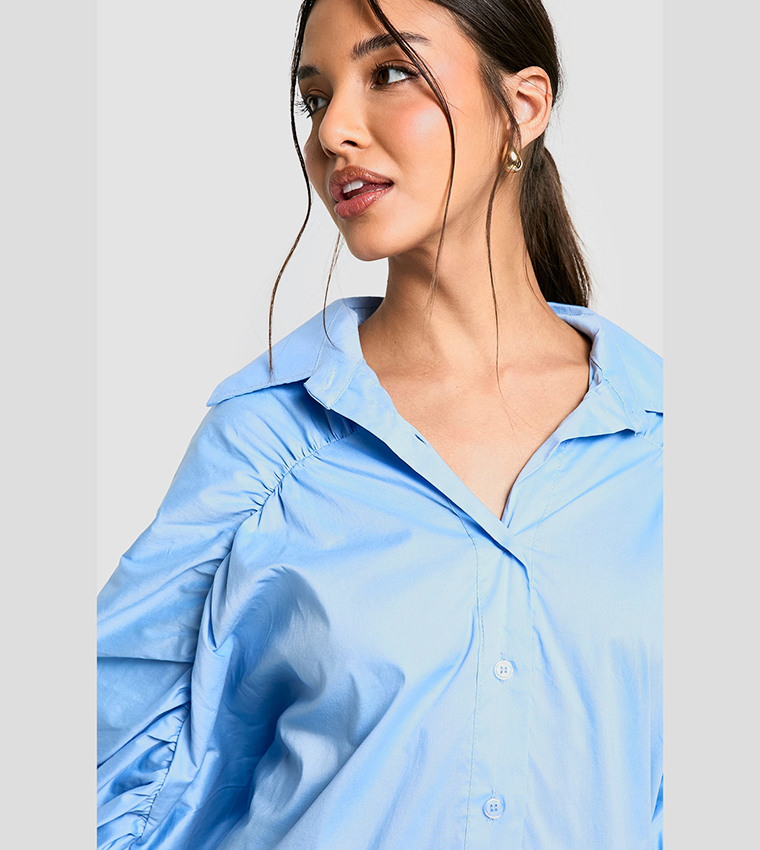 Ruched Sleeves Detail Cotton Poplin Shirt