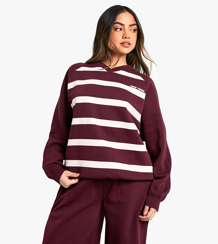 New York Print Striped V-Neck Oversized Sweatshirt