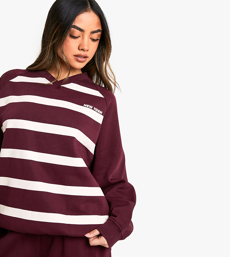 New York Print Striped V-Neck Oversized Sweatshirt