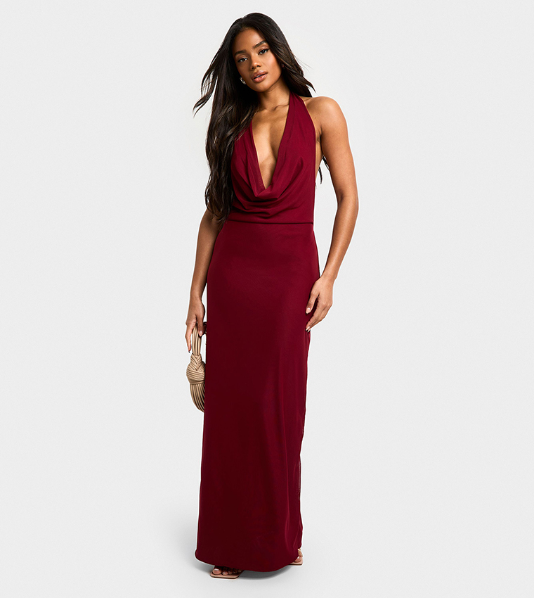 Mesh Extreme Cowl Neck Maxi Dress