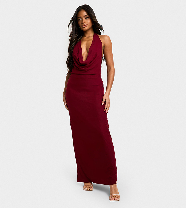 Mesh Extreme Cowl Neck Maxi Dress