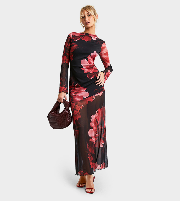 Floral Print Godet Seam Maxi Dress